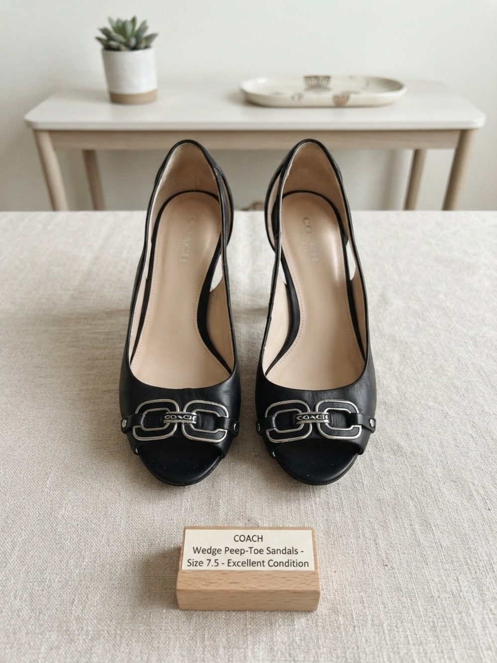Coach Black Leather Wedge Peep-Toe Sandals with Silver Hardware size 9B